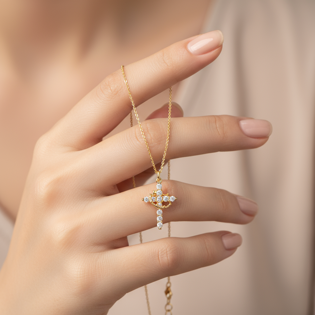 Homely Diamond Cross & Golden Crown Necklace
