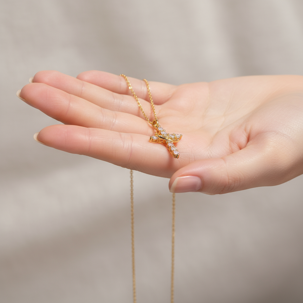 Homely Diamond Cross & Golden Crown Necklace