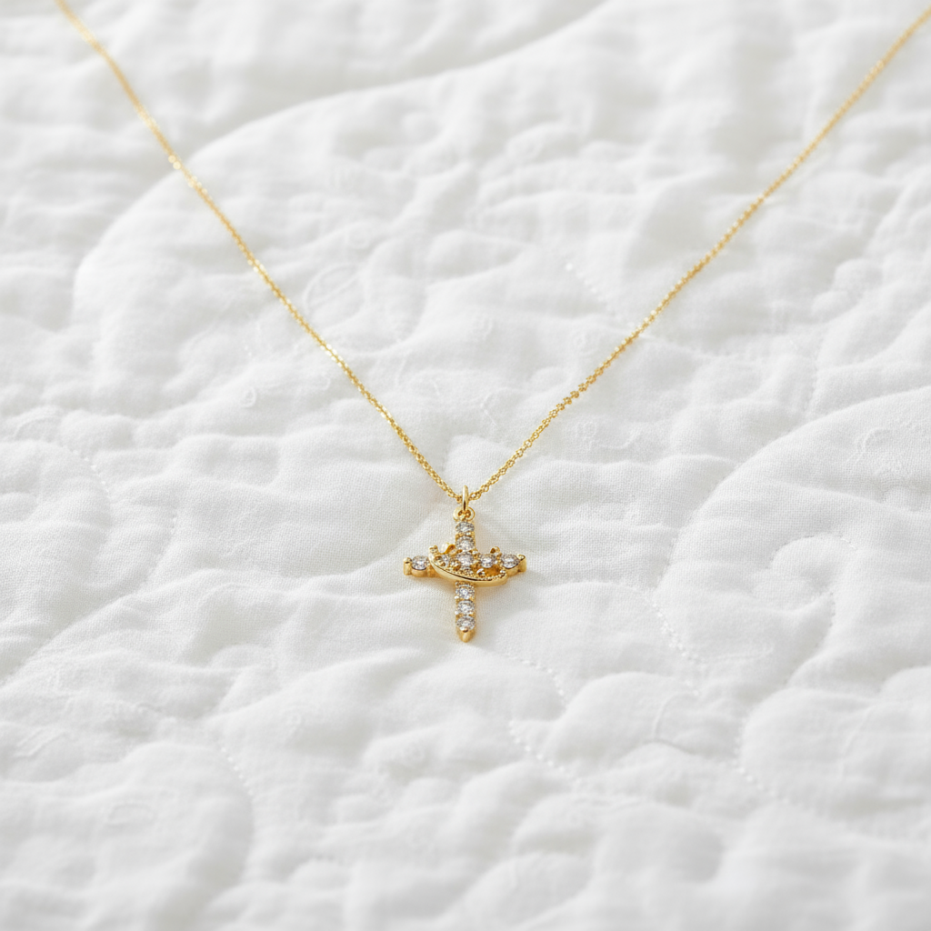 Homely Diamond Cross & Golden Crown Necklace